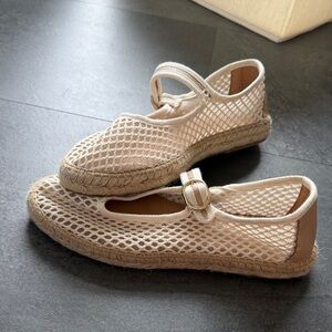 Neutral Beige Mesh Mary Jane Espadrille Flats with Buckle Strap